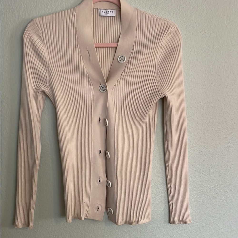 Sandro Cream Ribbed Cardigan with V-Neck